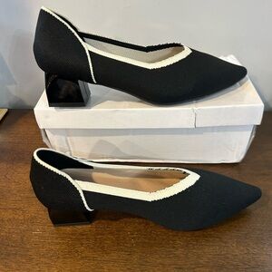 Womens Breathable Knit Chunky Heels Elegant Pointed Toe Black & White Trim 42=10